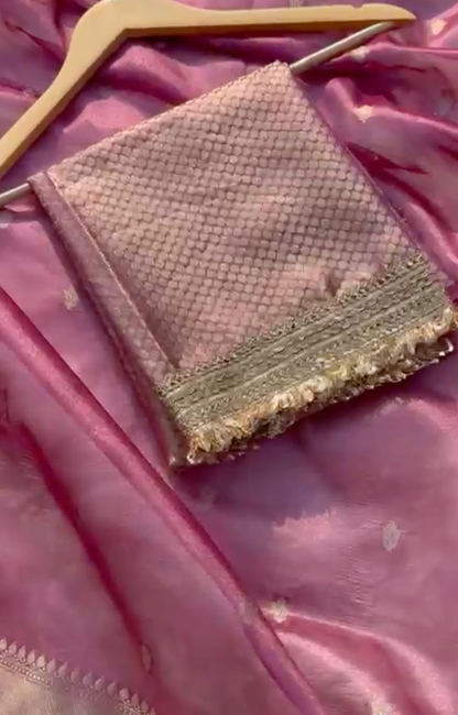 Dusk Pink Banarsi Tissue Silk Saree with Zari Booti Motifs and Stone Details