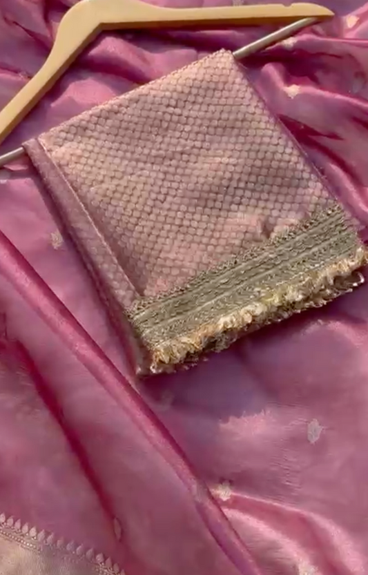 Dusk Pink Banarsi Tissue Silk Saree with Zari Booti Motifs and Stone Details