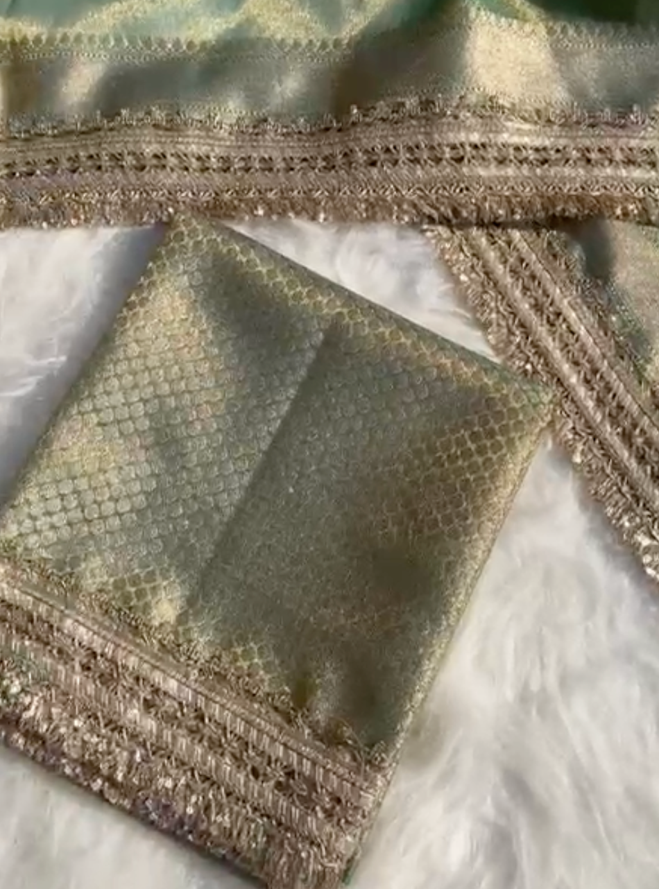 Sea Green Banarsi Tissue Silk Saree with Zari Booti Motifs and Stone Details
