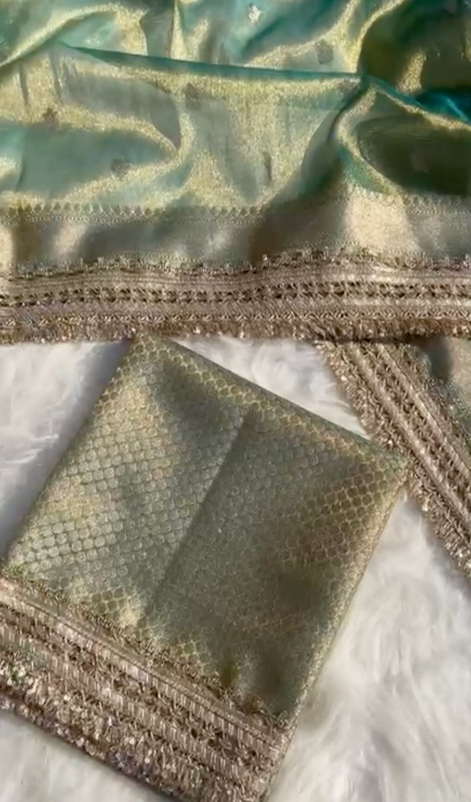 Sea Green Banarsi Tissue Silk Saree with Zari Booti Motifs and Stone Details
