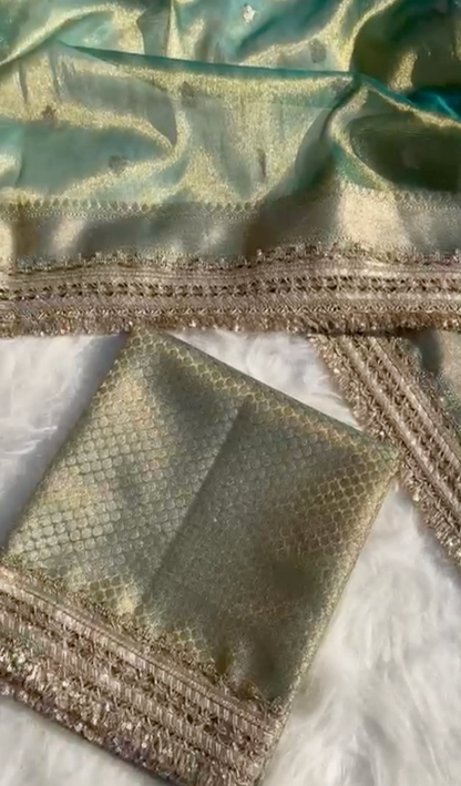 Sea Green Banarsi Tissue Silk Saree with Zari Booti Motifs and Stone Details