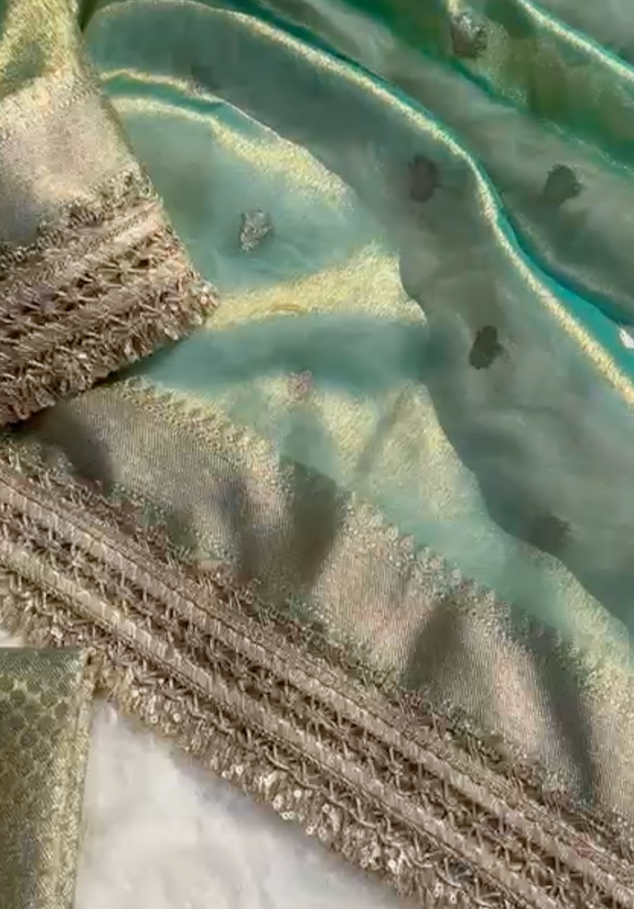 Sea Green Banarsi Tissue Silk Saree with Zari Booti Motifs and Stone Details