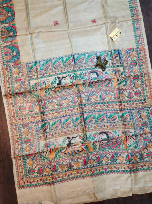 HANDLOOM TUSSAR  HANDPAINTED MADHUBANI SAREE