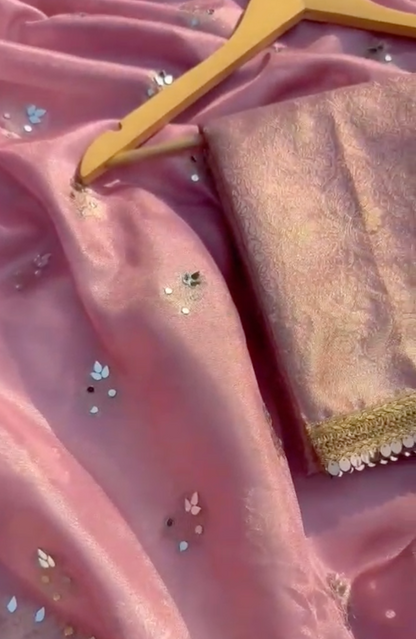 Blush Pink Hand-Dyed Pure Tissue Silk Saree