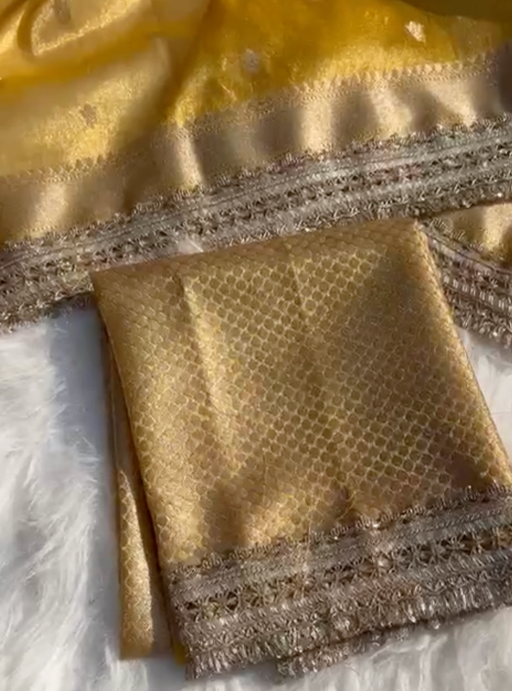 Yellow Banarsi Tissue Silk Saree with Zari Booti Motifs and Stone Details