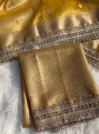 Yellow Banarsi Tissue Silk Saree with Zari Booti Motifs and Stone Details