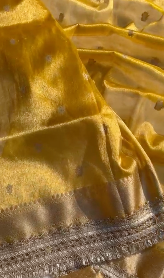 Yellow Banarsi Tissue Silk Saree with Zari Booti Motifs and Stone Details