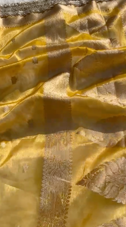 Yellow Banarsi Tissue Silk Saree with Zari Booti Motifs and Stone Details