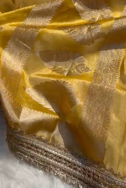 Yellow Banarsi Tissue Silk Saree with Zari Booti Motifs and Stone Details
