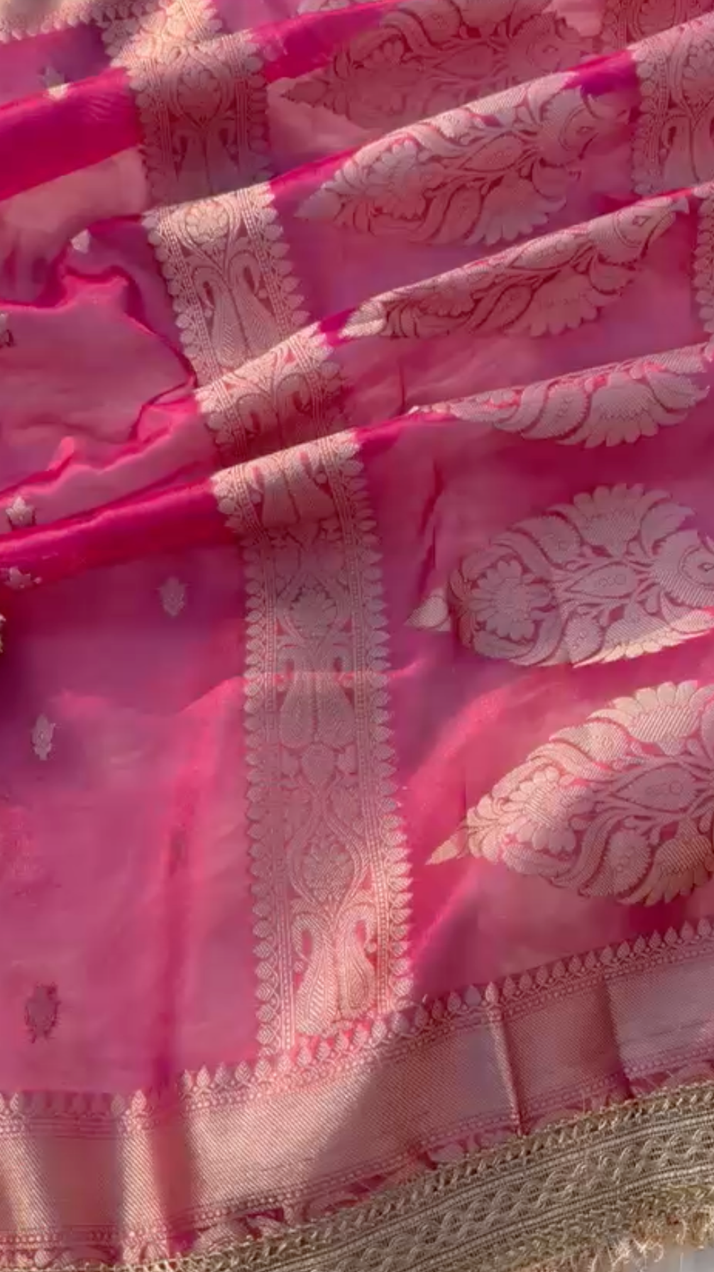 Fuchsia Pink Banarsi Tissue Silk Saree with Zari Booti Motifs and Stone Details
