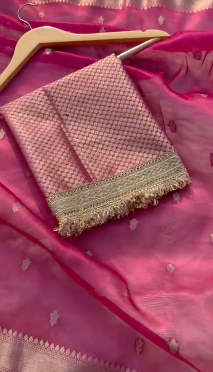 Fuchsia Pink Banarsi Tissue Silk Saree with Zari Booti Motifs and Stone Details