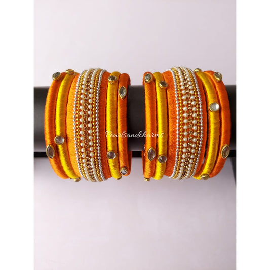 Orange chain & kundan silk thread bangles