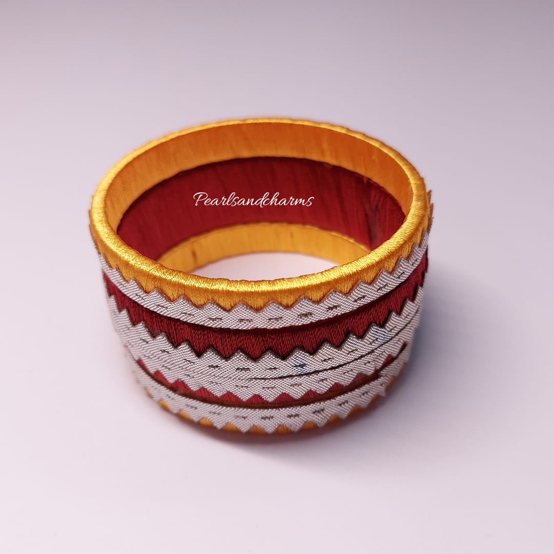 Gotta Patti Yellow And Maroon Thread Bangles(Set of 3)