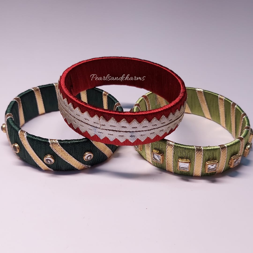 A Combo Of Gotta Patti & Kundan (20 mm) Broad Silk Thread Bangles (Set of 3)