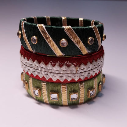 A Combo Of Gotta Patti & Kundan (20 mm) Broad Silk Thread Bangles (Set of 3)