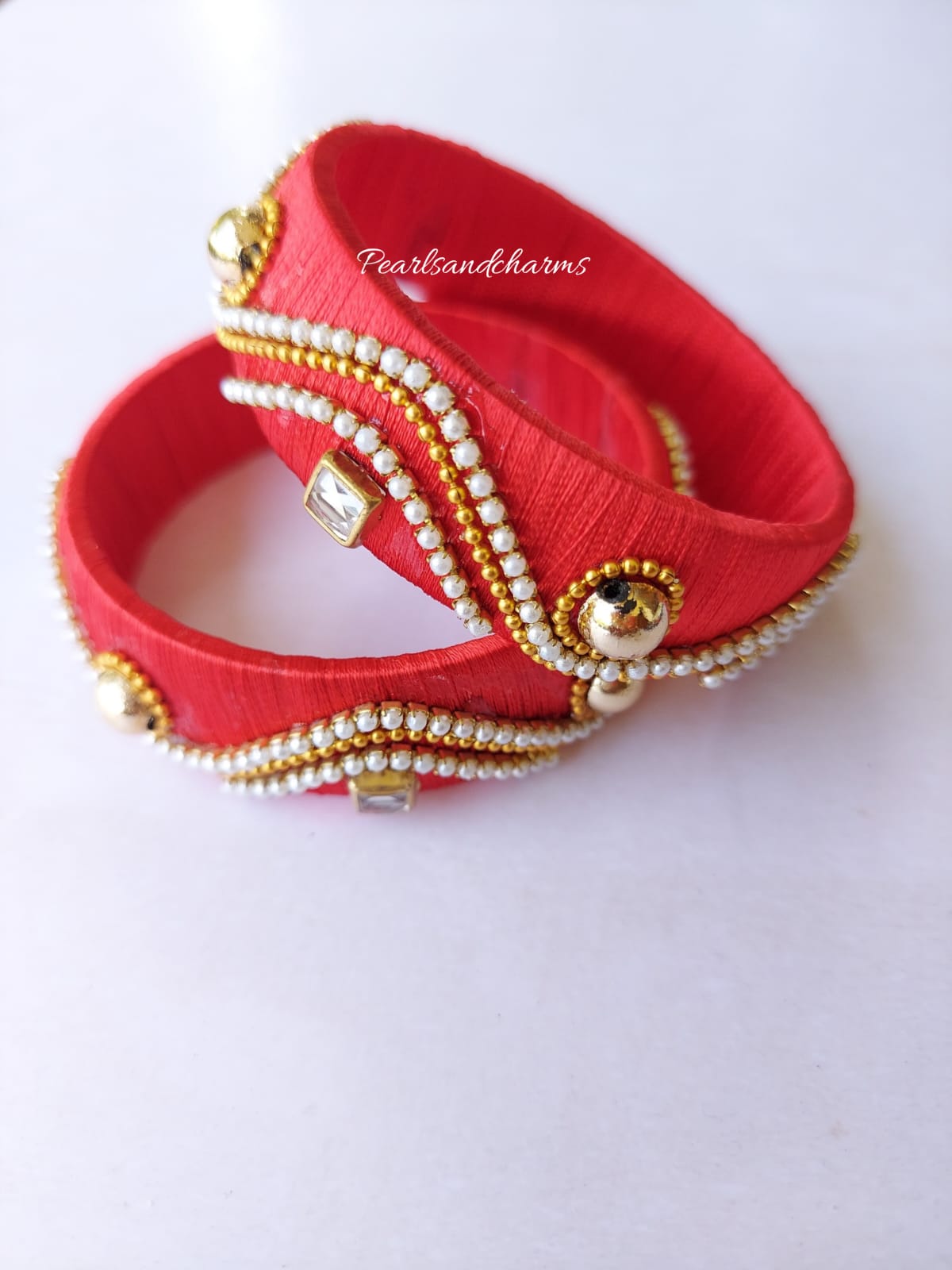 Red  Pearl Chain Kundan Thread Bangles