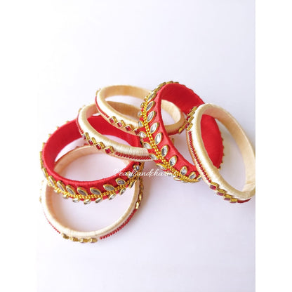 Red And Golden Karvachauth Special Set Thread Bangles