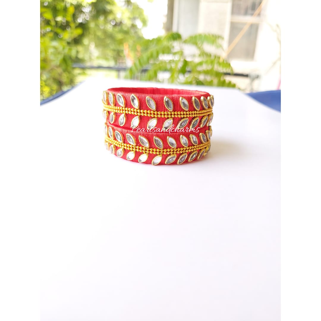 Broad Bangle Set Eye Kundan Red Silk Thread Bangles