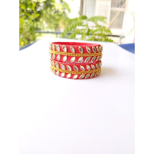 Broad Bangle Set Eye Kundan Red Silk Thread Bangles