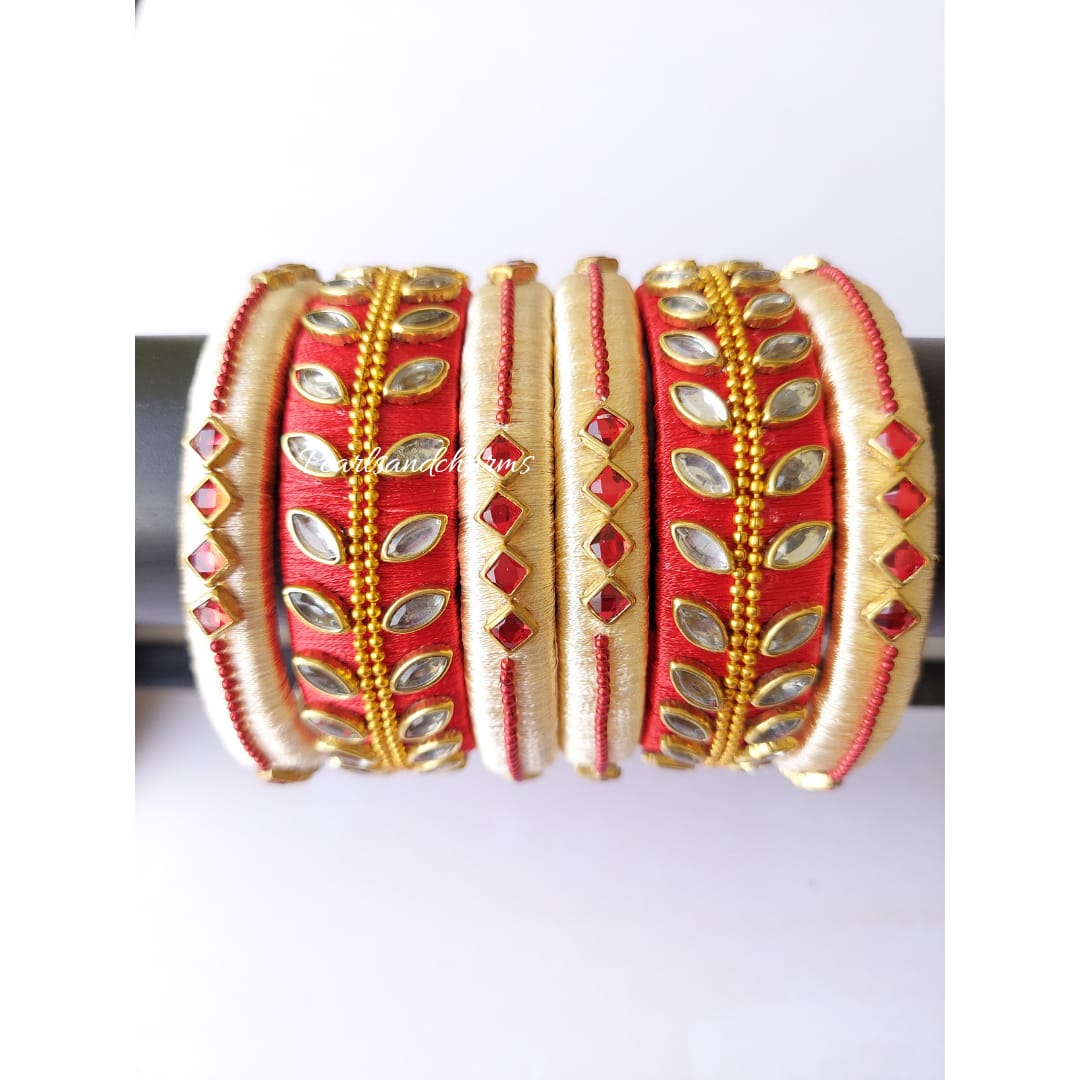 Red And Golden Karvachauth Special Set Thread Bangles