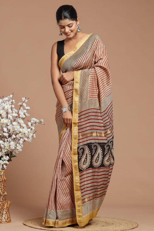 Hand Block Print Maheshwari Silk Saree