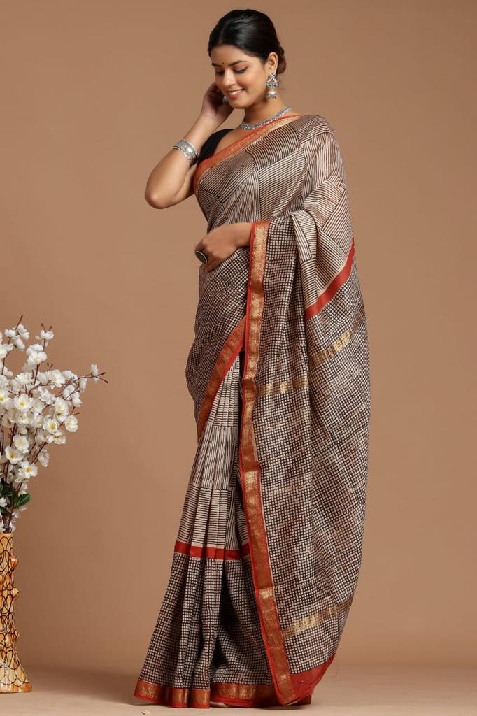 Hand Block Print Maheshwari Silk Saree