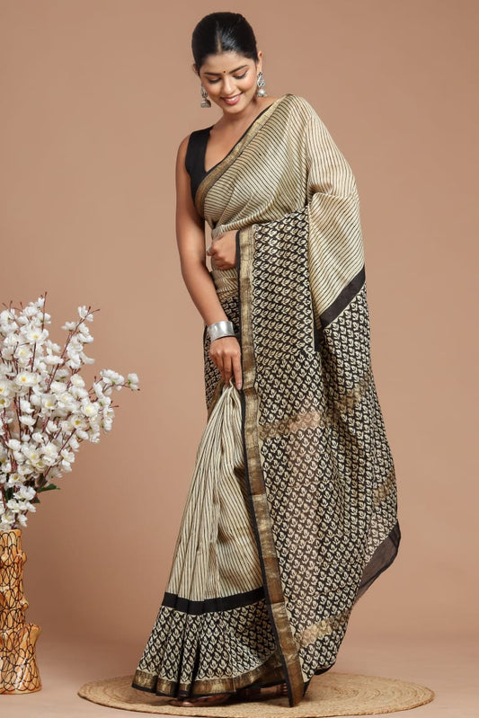 Hand Block Print Maheshwari Silk Saree