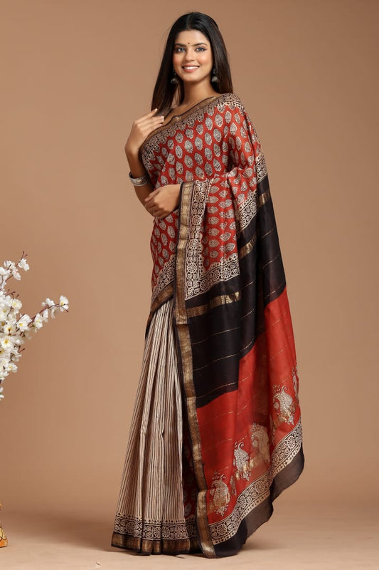 Hand Block Print Maheshwari Silk Saree