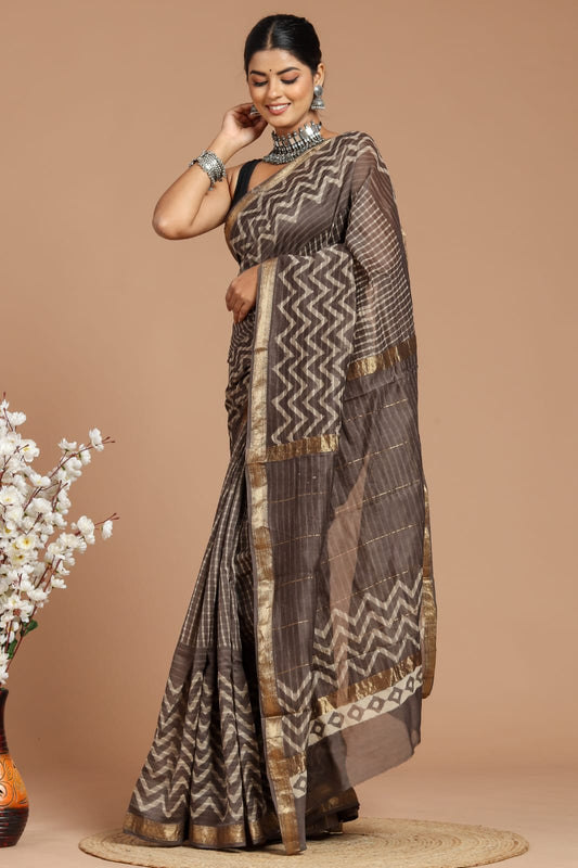 Hand Block Print Maheshwari Silk Saree