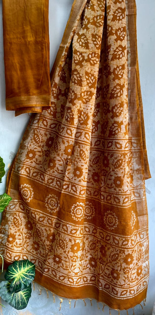 Batik Chanderi Cotton Silk Saree with Dabu Print Blouse