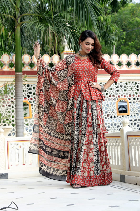 Cotton Bagru Print Frill Top and Skirt with Mulmul Dupatta