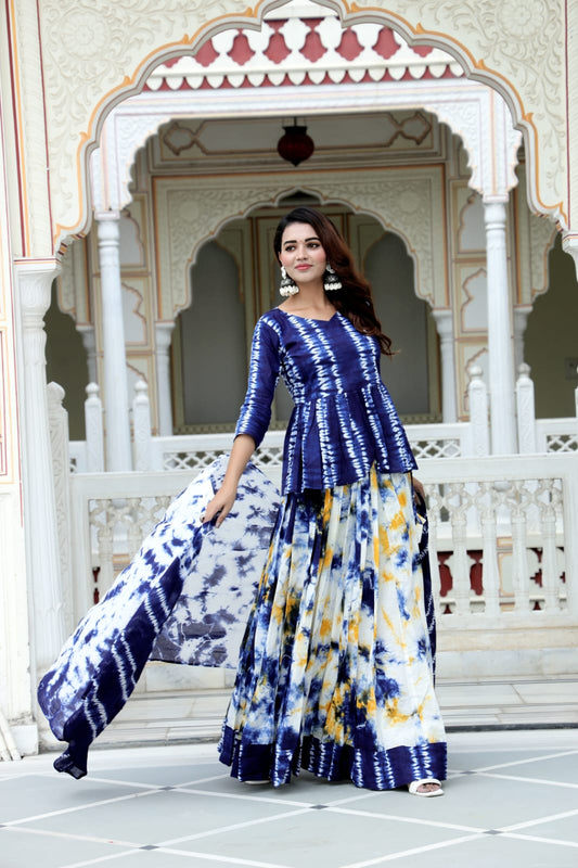 Cotton Bagru Print Frill Top and Skirt with Mulmul Dupatta