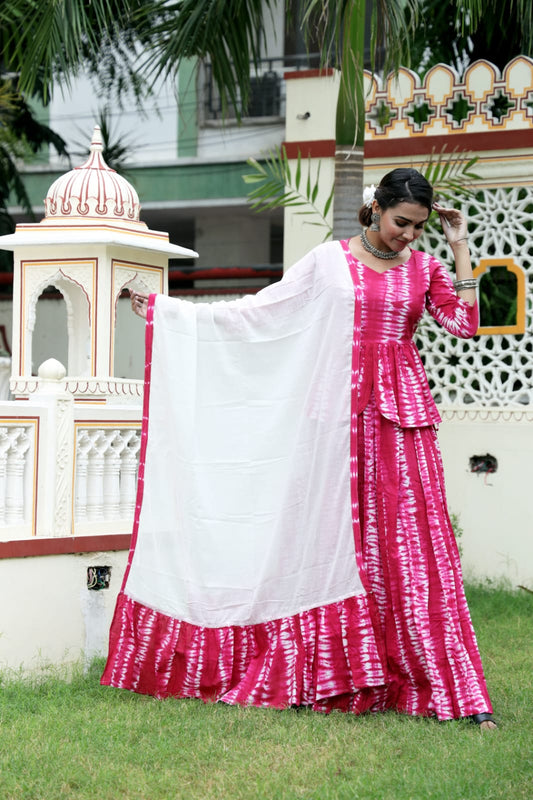 Cotton Bagru Print Frill Top and Skirt with Mulmul Dupatta