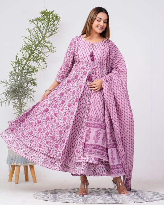 Designer Anarkali Kurti  With Cotton Dupatta Hand block printed