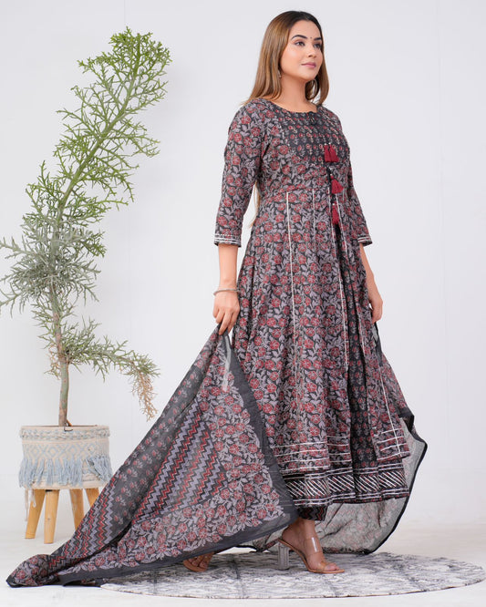 Designer Anarkali Kurti  With Cotton Dupatta Hand block printed