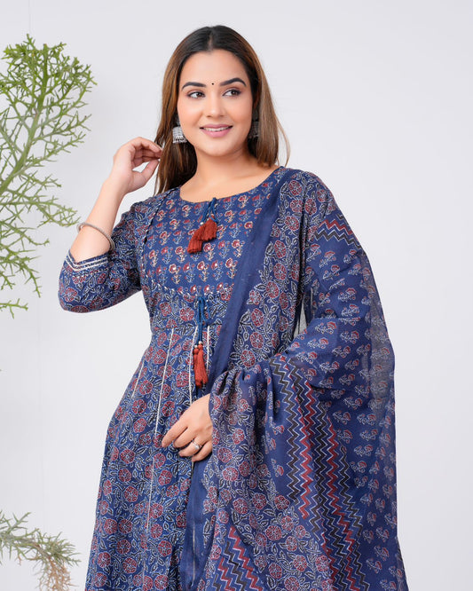 Designer Anarkali Kurti  With Cotton Dupatta Hand block printed