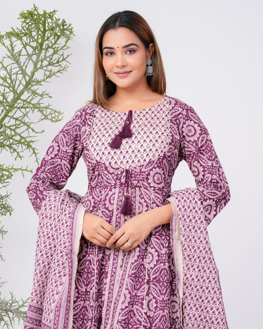 Designer Anarkali  Kurti With Cotton Dupatta Hand Block Printed