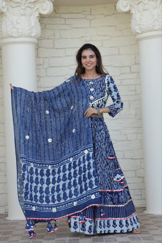 Cotton Bagru Print Lehenga Set with Mulmul Dupatta.