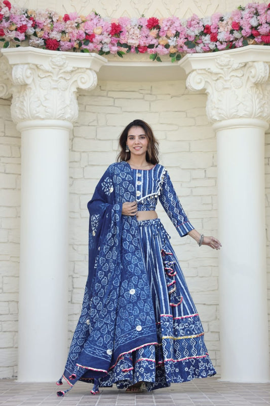 Cotton Bagru Print Lehenga Set with Mulmul Dupatta.