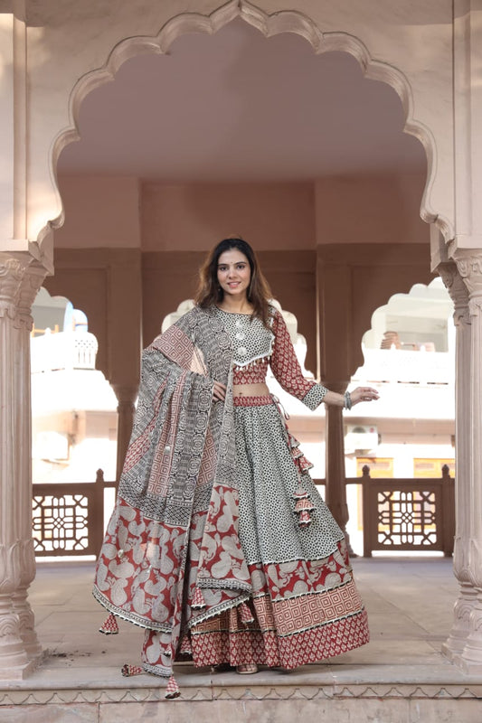 Cotton Bagru Print Lehenga Set with Mulmul Dupatta.