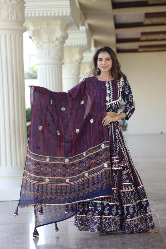 Cotton Bagru Print Lehenga Set with Mulmul Dupatta.