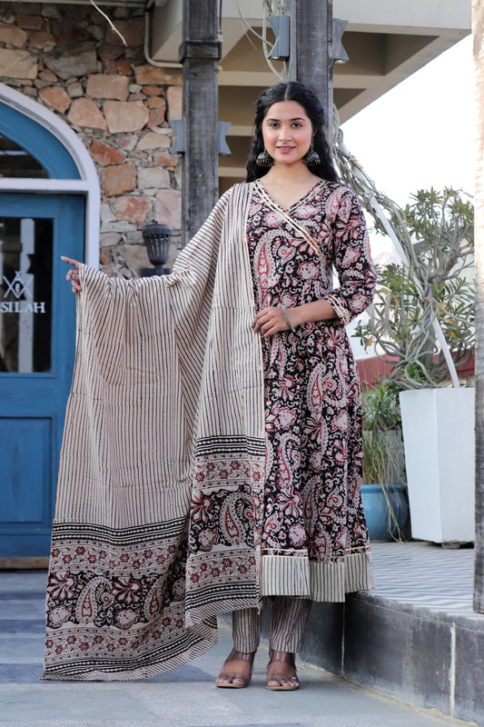 Anarkali Kurti ,Pant With Mulmul Dupatta Hand block printed