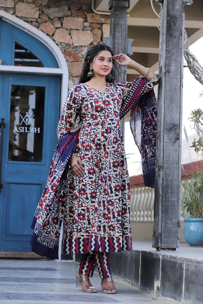 Anarkali Kurti ,Pant With Mulmul Dupatta Hand block printed