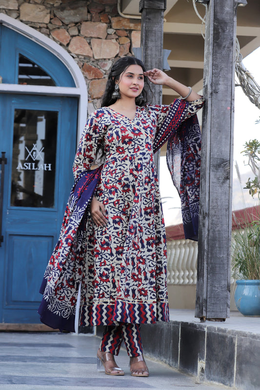 Anarkali Kurti ,Pant With Mulmul Dupatta Hand block printed