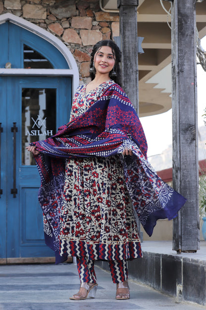 Anarkali Kurti ,Pant With Mulmul Dupatta Hand block printed