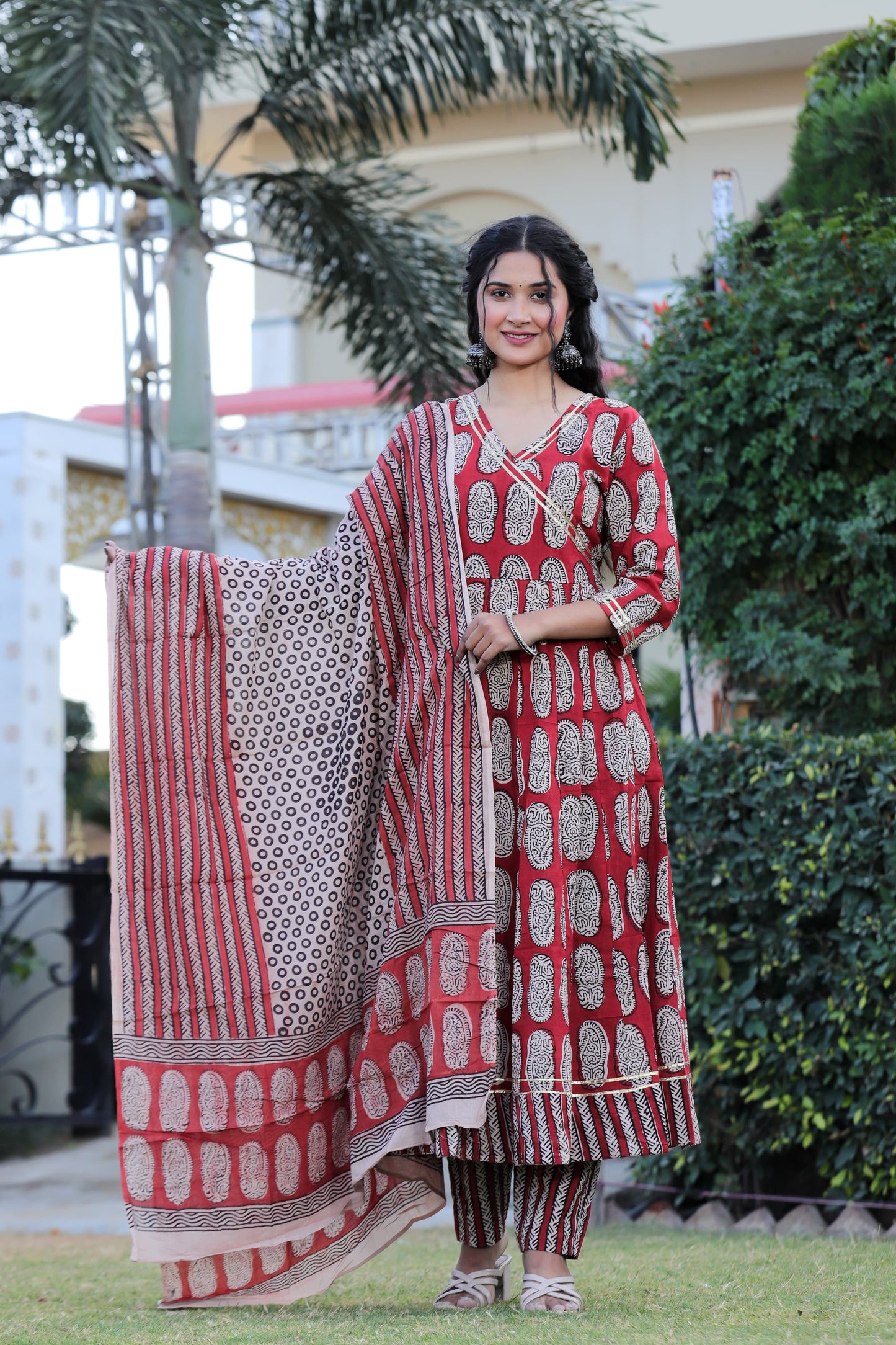 Anarkali Kurti ,Pant With Mulmul Dupatta Hand block printed