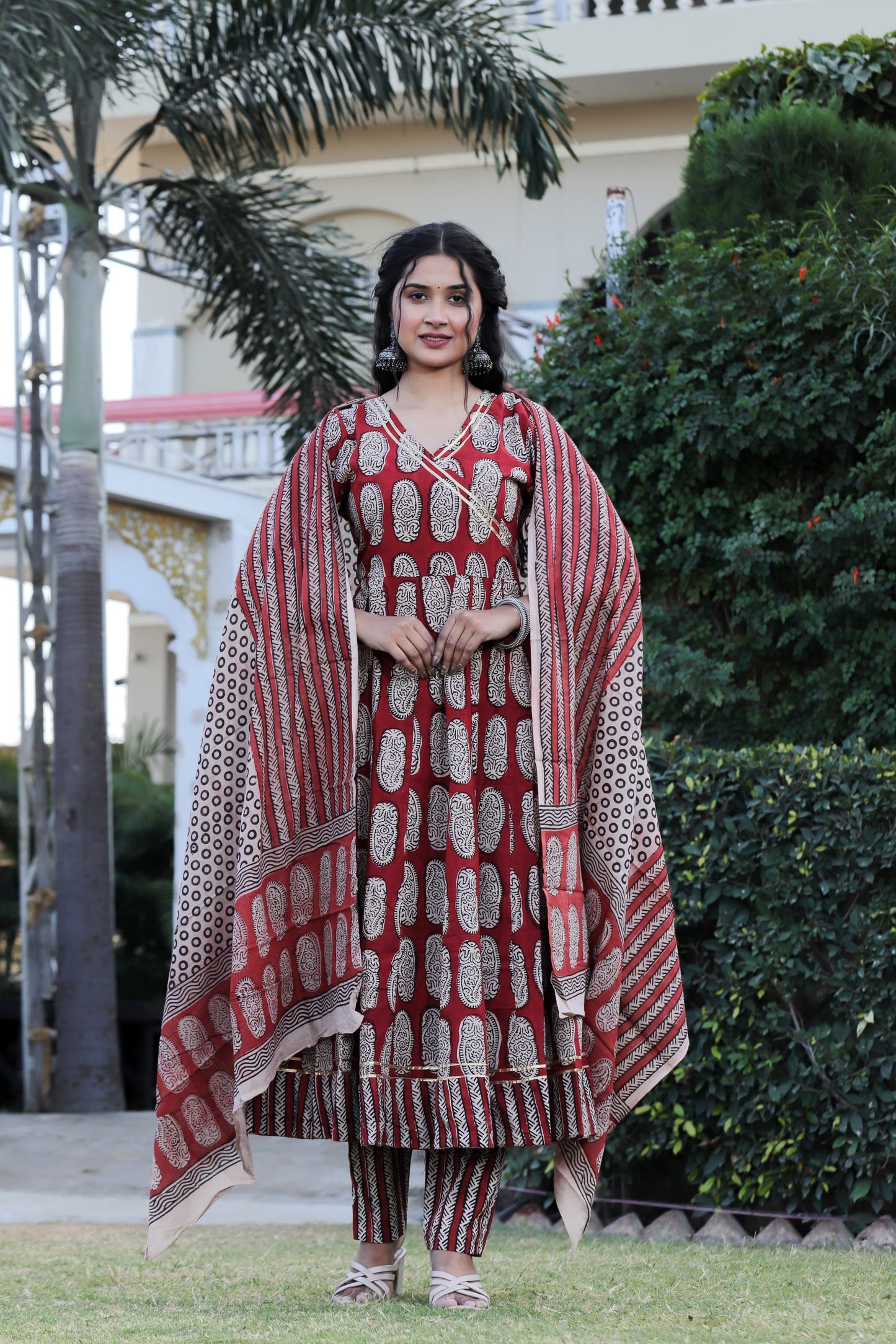 Anarkali Kurti ,Pant With Mulmul Dupatta Hand block printed