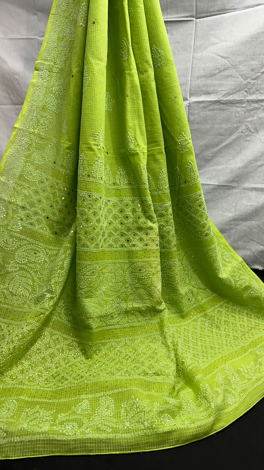 White -Yellow Chikankari Kota Cotton Saree – Gunjha.com