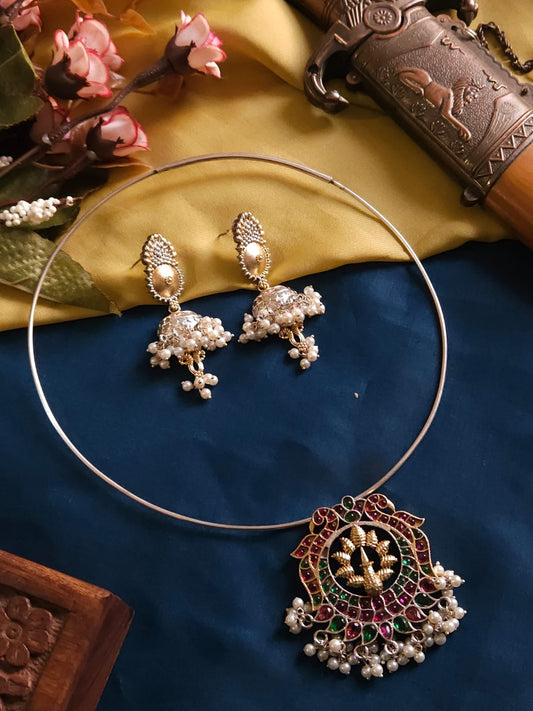 Brass Jewellery Set with Pearls and Semi Precious Stones