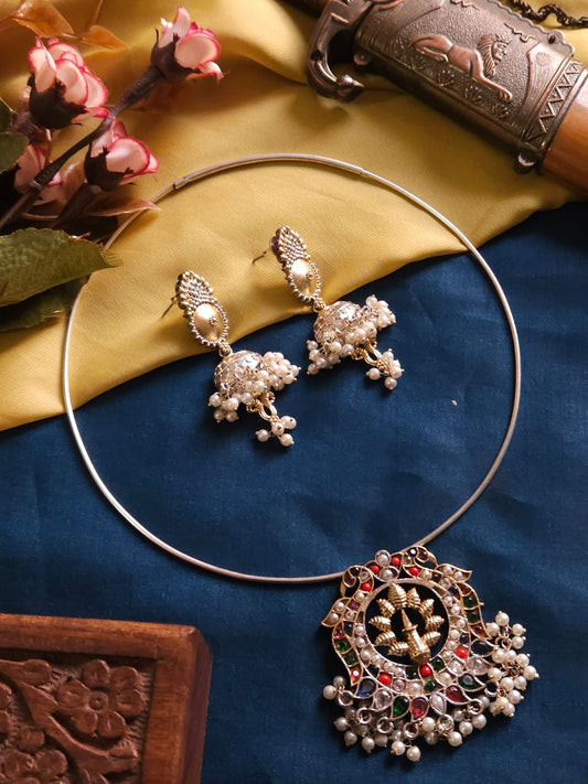 Brass Jewellery Set with Pearls and Semi Precious Stones